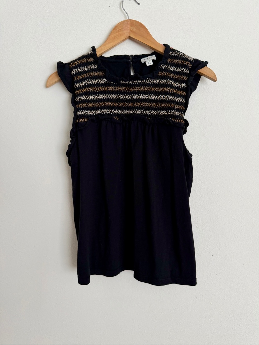 J.Crew Re-Imagined Black Smocked Top Multi-Color Metallic Embroidery M